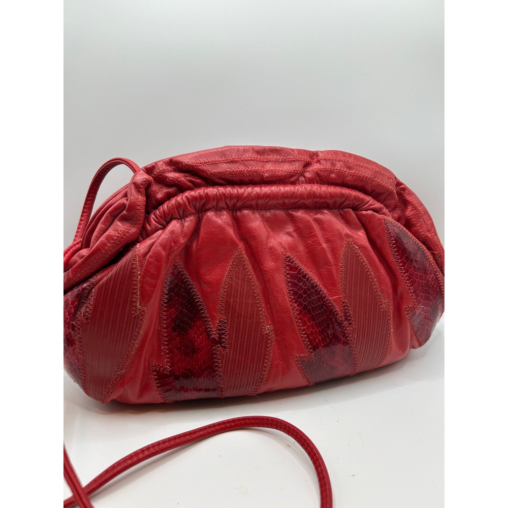 Vintage‎ Red Leather Crossbody Bag Patchwork Textured/Animal Design - Picture 2 of 14